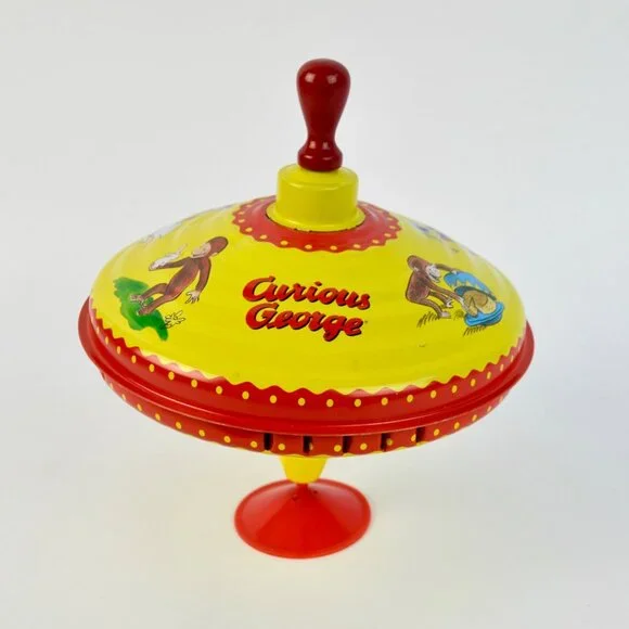 Vintage Curious George Red Yellow Metal Spin Top Toy - Picture 1 of 4